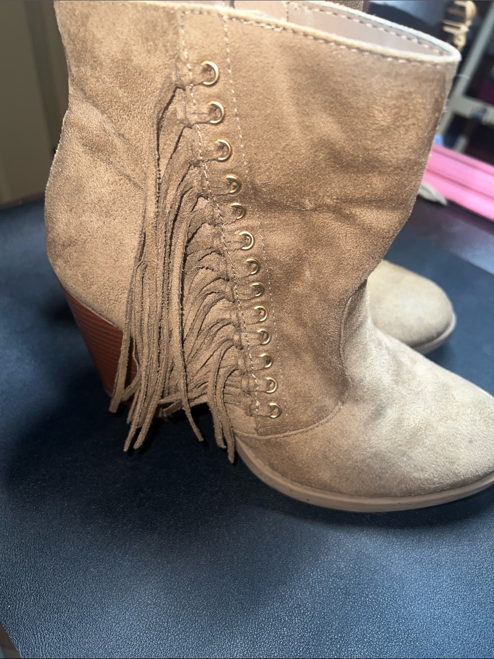 Fringe Suede Ankle Booties in Tan with Stacked Heel